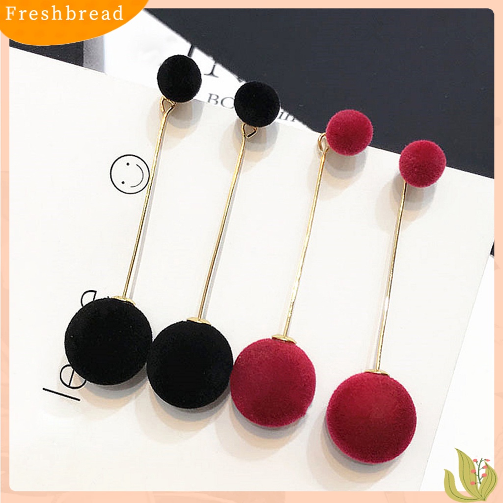 < Freshbread > Rantai Elegan Bola Bulu Panjang Menjuntai Anting Wanita Eardrop Earrings Perhiasan Hadiah