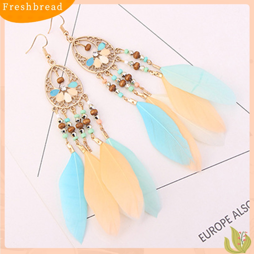 &lt; Freshbread &gt; Boho Wanita Berongga Manik-Manik Oval Warna-Warni Bulu Rumbai Drop Statement Earrings