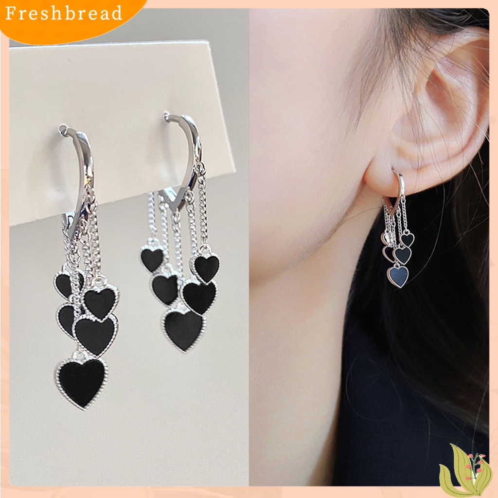 &lt; Freshbread &gt; 1pasang Wanita Menjuntai Anting Hitam Hati Jumbai Perhiasan Electroplating Bright Luster Drop Earrings Untuk Pakaian Sehari-Hari