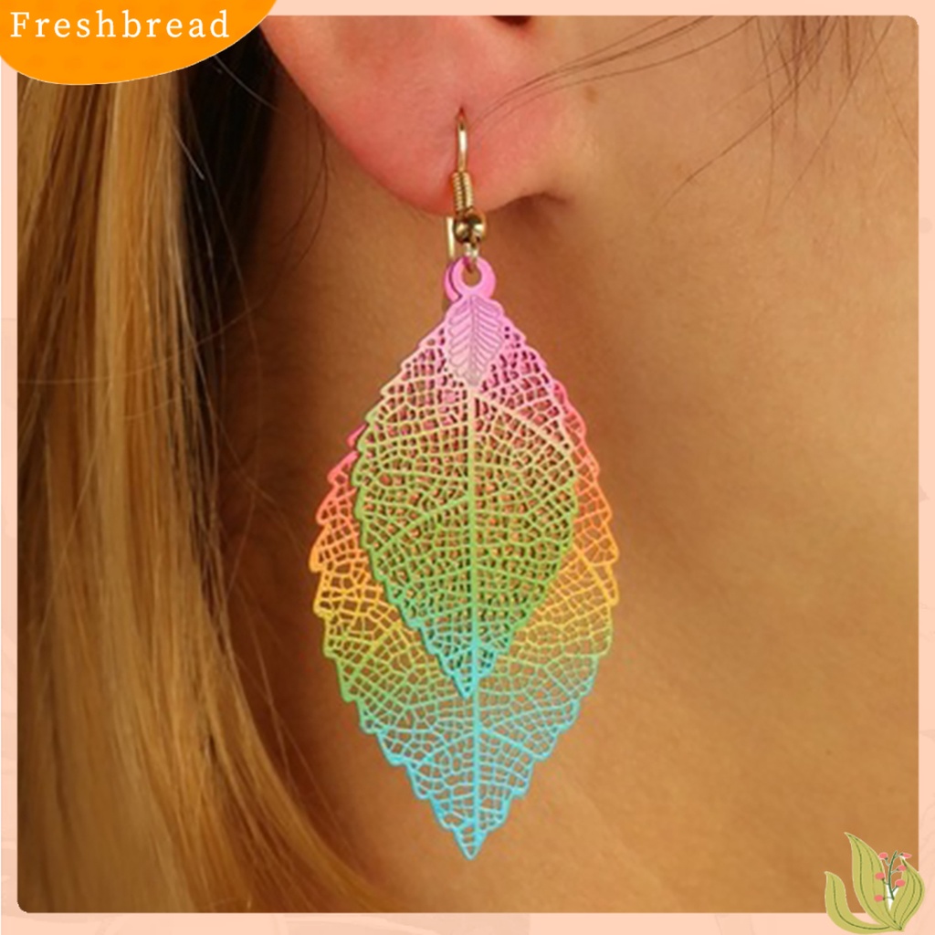 &lt; Freshbread &gt; 1pasang Menjuntai Anting Vintage Boho Panjang Fringe Berongga Keluar Warna-Warni Hias Hadiah Ulang Tahun Wanita Lapisan Ganda Daun Liontin Kait Anting Perhiasan Aksesoris