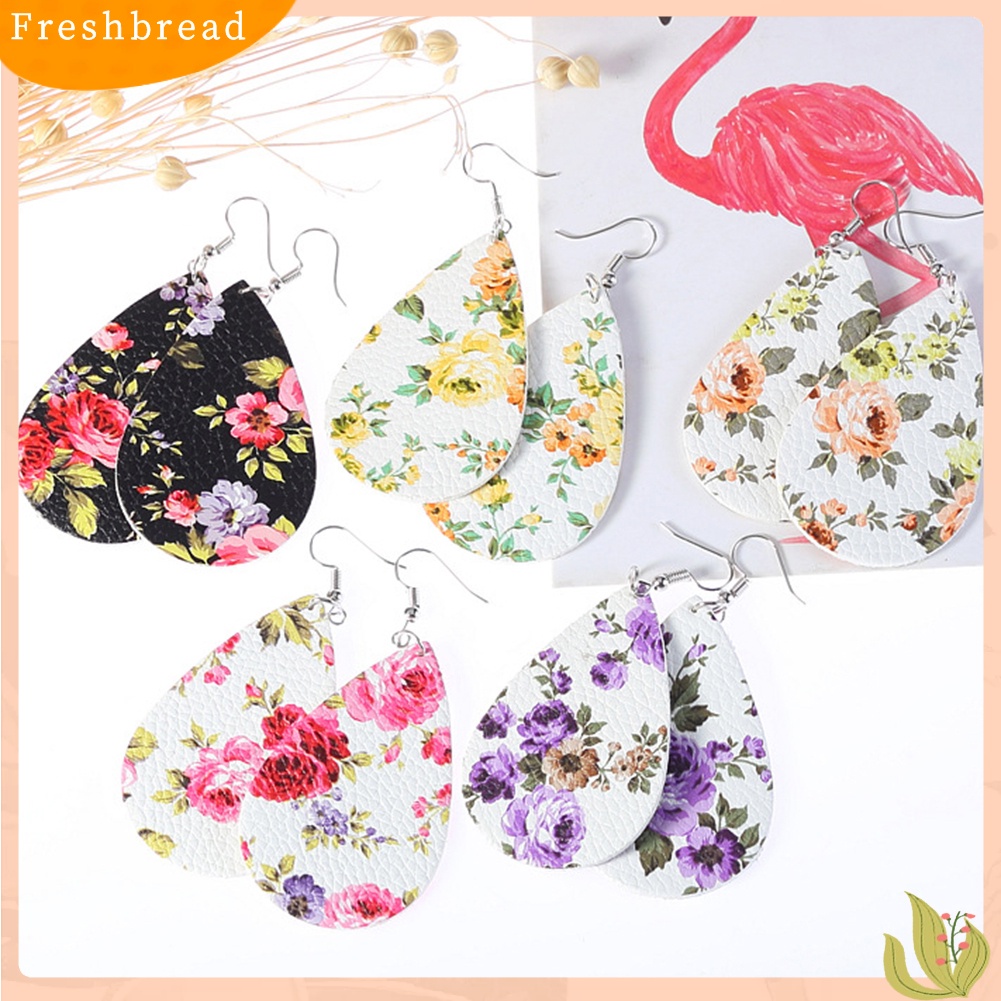 &lt; Freshbread &gt; Boho Wanita Motif Bunga Teardrop Menjuntai Kulit Imitasi Kait Anting Perhiasan