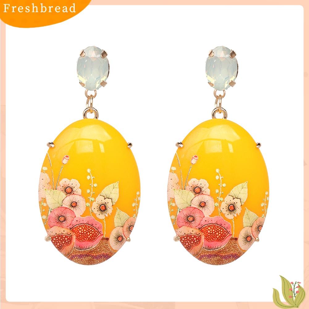 &lt; Freshbread &gt; Wanita Elegan Resin Bentuk Oval Bunga Liontin Anting Berlian Imitasi Bertatahkan Perhiasan