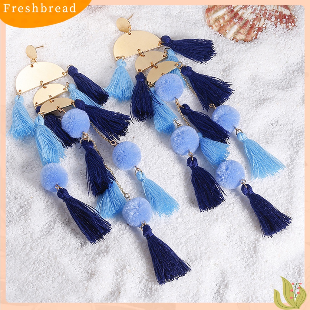 &lt; Freshbread &gt; 1pasang Anting Wanita Bentuk Setengah Lingkaran Tahan Jatuh Bohemian Multi-layer Rumbai Menjuntai Earrings Untuk Travel