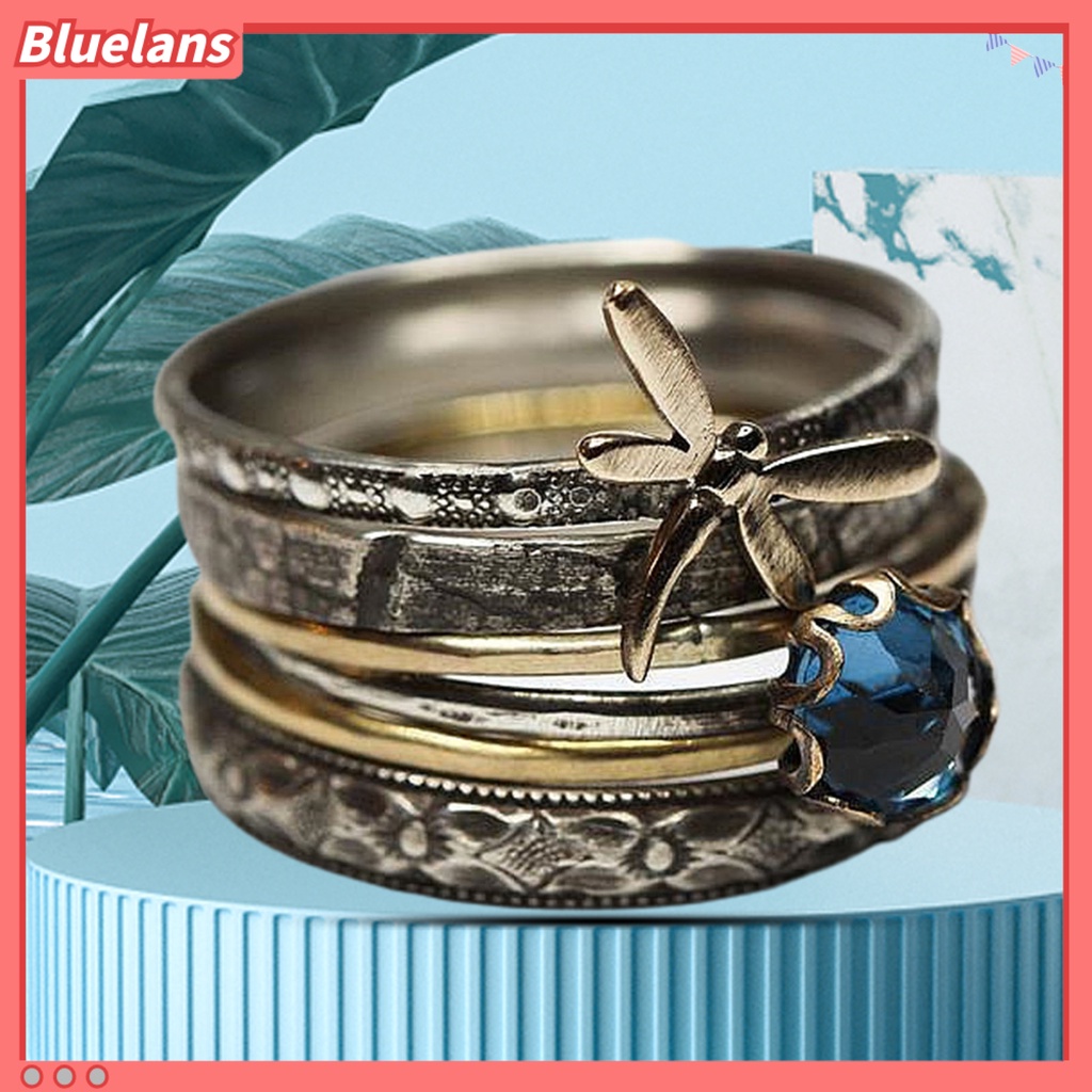 {In Stock} Cincin Jari Gaya Vintage Multi-layer Anti-Cacat Capung Biru Faux Kristal Engagement Ring Untuk Pacaran