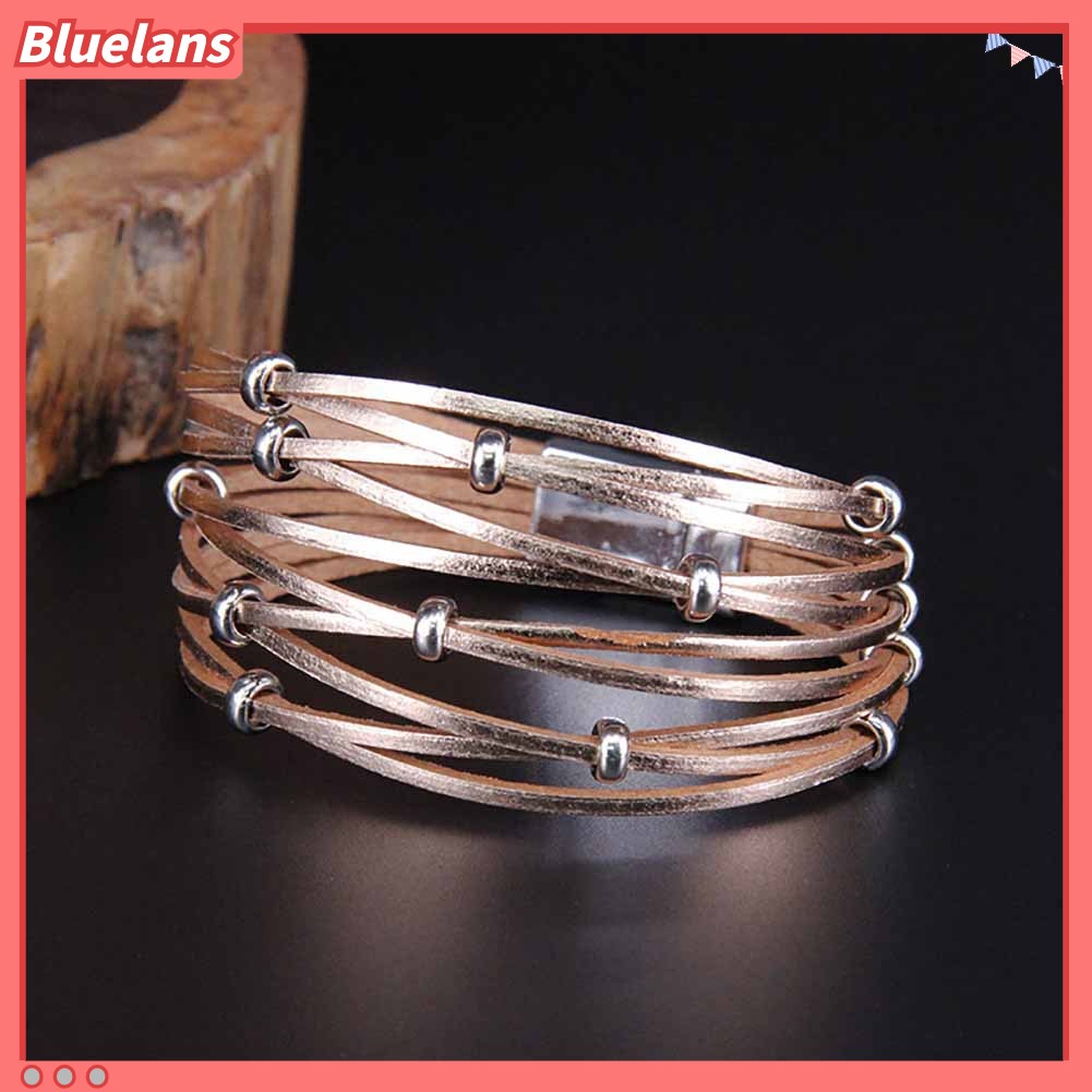 {In Stock} Fashion Wanita Multi Layer Manik-Manik Salib Kulit Asli Kancing Gelang