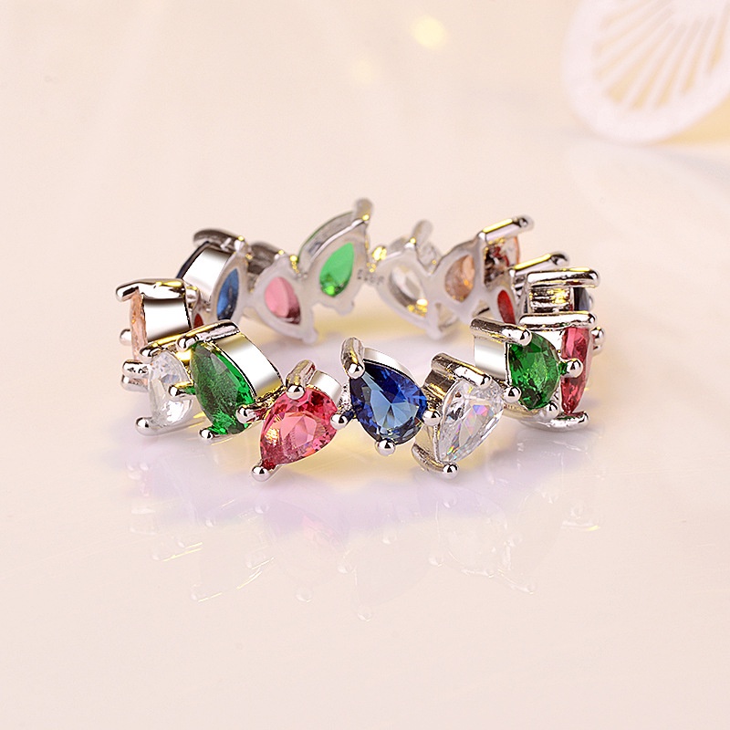 Goldkingdom Aksesoris Perhiasan Fashion Ready Stock Platinum Disepuh Single Drain Pear Ring Full Berlian Halus Mewah Colorful Treasure Cincin Wanita