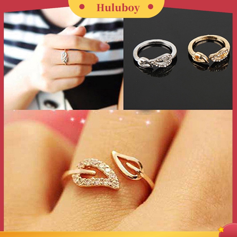 {Ready Stock} Perhiasan Cincin Terbuka Wanita Fashion Berlian Imitasi Dua Daun Untuk Hadiah Pesta Pecinta