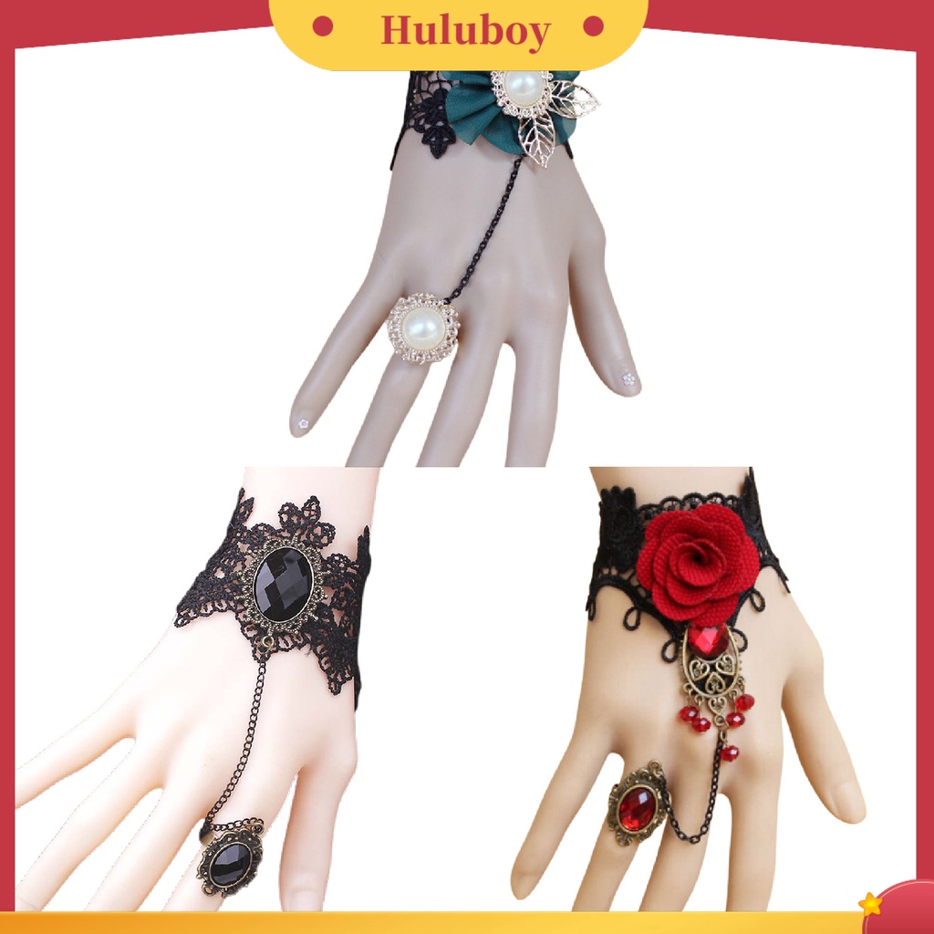 {Ready Stock} Rose Decor Black Lace Ring Gelang Wanita Permata Imitasi Mutiara Imitasi Cincin Tangan Rantai Perhiasan Aksesori