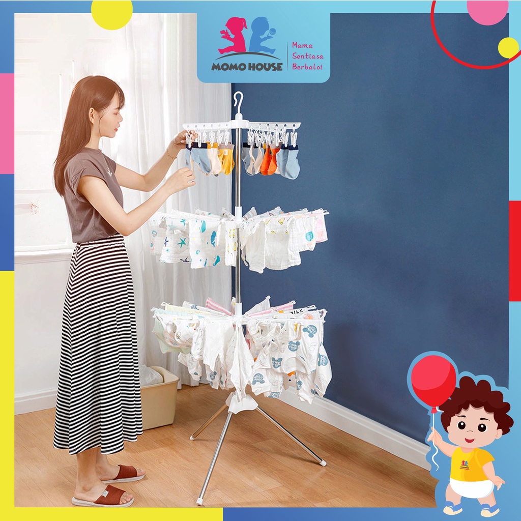 MOMO HOUSE jemuran menara baju bayi drying rack baju stand hanger foldable drying rack jemuran baju lipat bayi 3 susun stainless