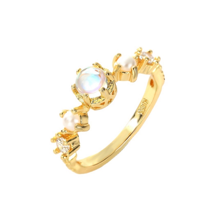 Goldkingdom Aksesoris Perhiasan Fashion Ready Stock Cincin Mutiara Moonstone Putih Berlapis Emas Cincin Pertunangan