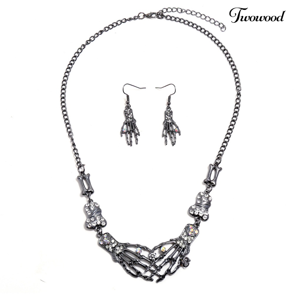 Twowood Alloy Rhinestone Skeleton Tangan Liontin Rantai Kalung Kait Anting Set Perhiasan