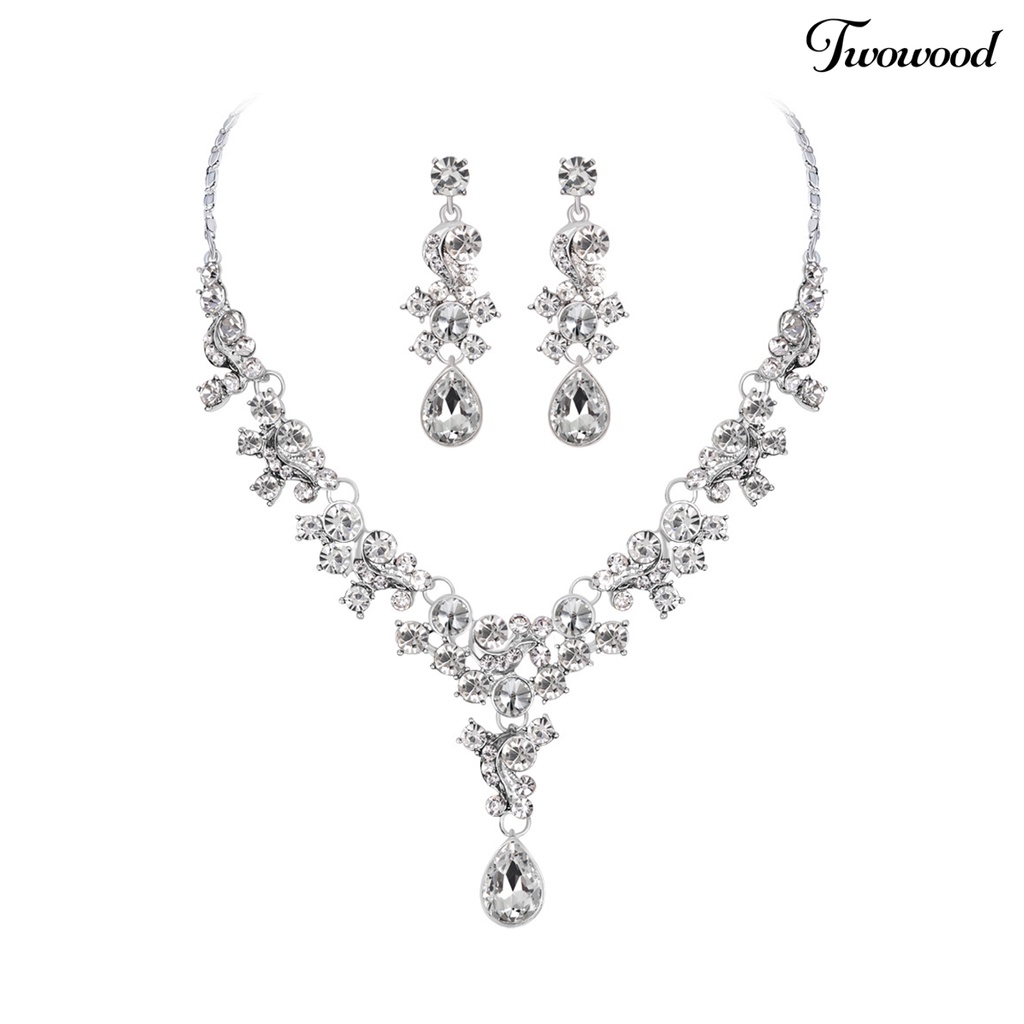 Twowood Wanita Prom Pernikahan Bridal Faux Kristal Berlian Imitasi Kalung Anting Set Perhiasan