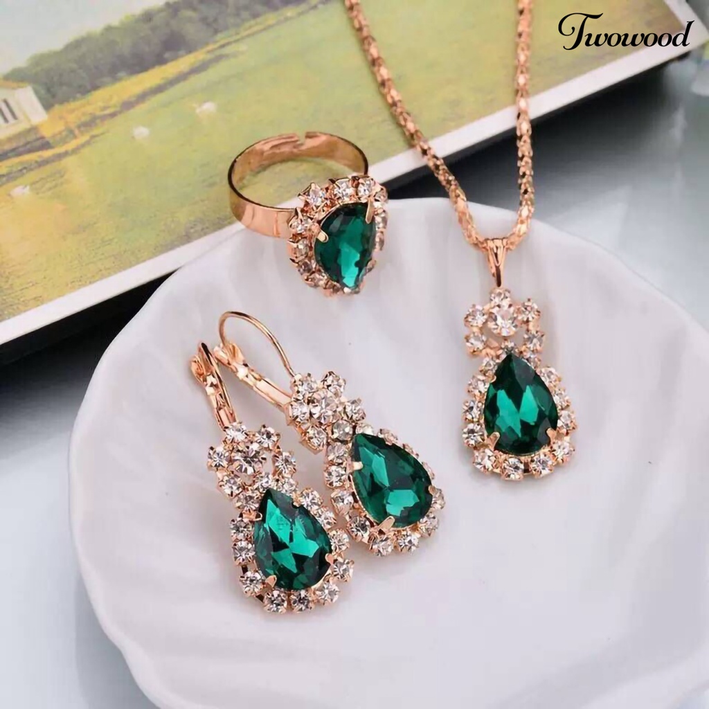 Twowood 3Pcs/Set Klip Telinga Warna Cerah Paduan Kalung Anting Cincin Set Tetesan Air Berlian Imitasi Liontin Kalung Anting Cincin Perhiasan Aksesori