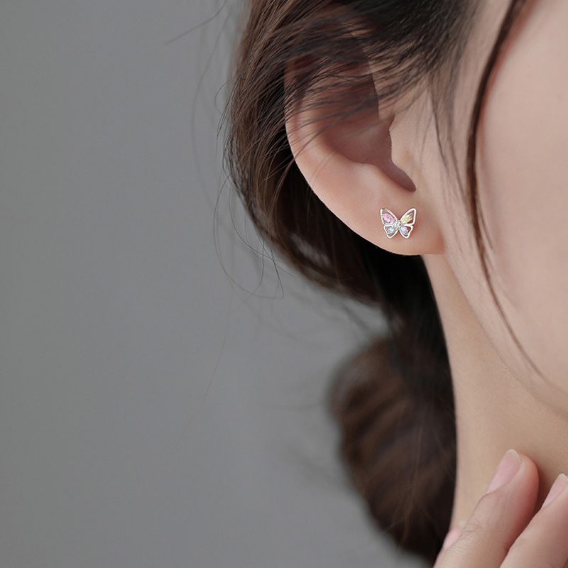 Papaozhu Chic S925 Perak Berkilau Warna-Warni Kristal Kupu-Kupu Stud Anting-Anting Untuk Wanita Perempuan Elegan Bersinar Zirkon Anting Trendi Telinga Perhiasan