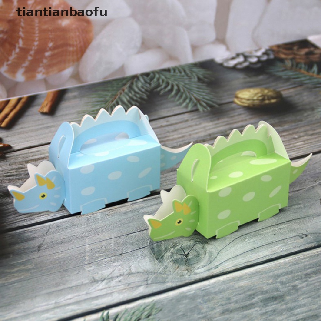 [tiantianbaofu] 10 Pcs Pesta Dinosaurus Biru Hijau Kotak Kue Kering Baby Shower Candy Box Hadiah Packing Butik