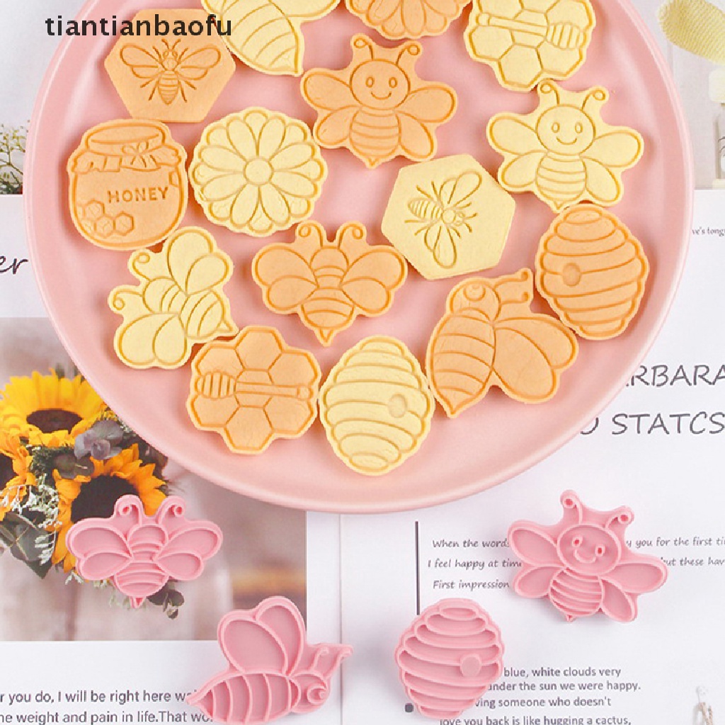 [tiantianbaofu] 8 Pcs Lebah Honeycomb Cookie Cutter 3D Kartun Hewan Ditekan Biskuit Embosser Cetakan Cookie Stamp DIY Fondant Kue Decorag Alat Butik