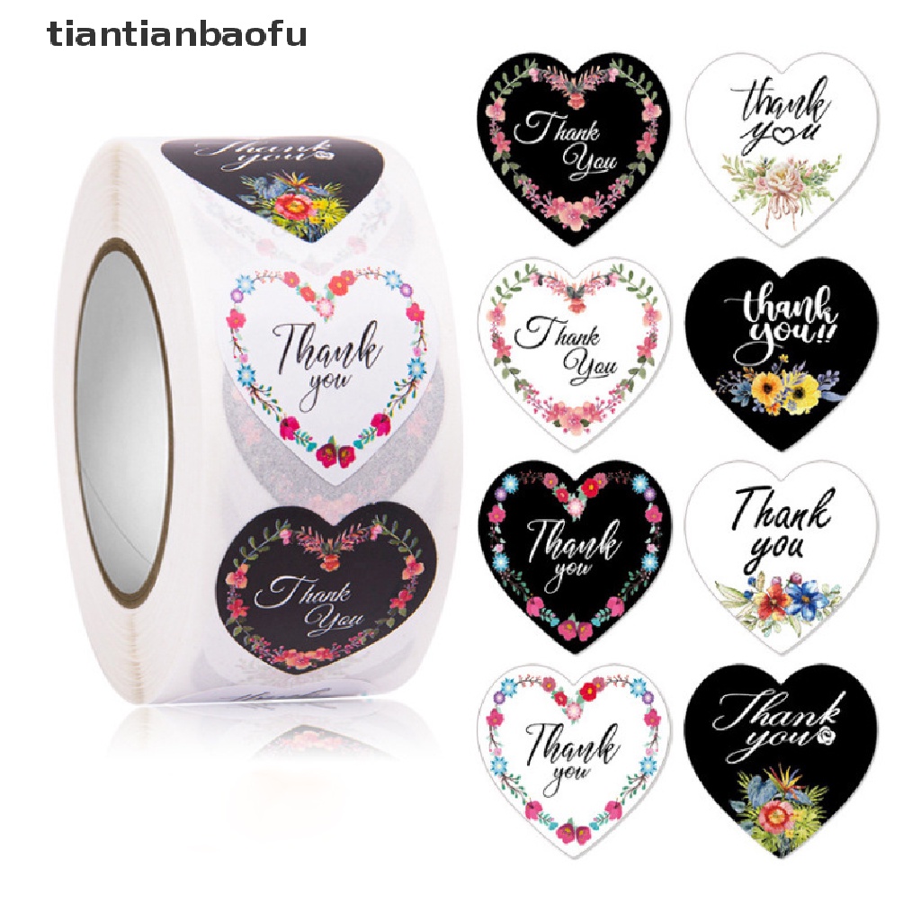 [tiantianbaofu] 500 Pcs/Roll Hati Terima Kasih Stiker Bunga Hias Decal Sealing Stickers Butik