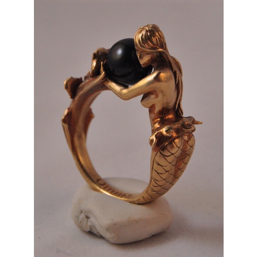 Goldkingdom Aksesoris Perhiasan Fashion Ready Stock Kreatif Mermaid Hitam Cincin Mutiara Berlapis Rose Gold Ring