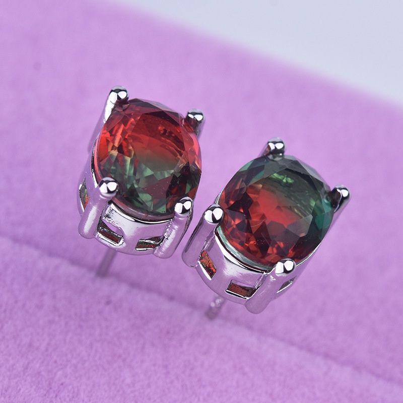 Goldkingdom Aksesoris Perhiasan Fashion Ready Stock Duawarna Tourmaline Earrings Berbentuk Telur Merah, Biru Dan Hijau Semangka Tourmaline Engagement Earrings.