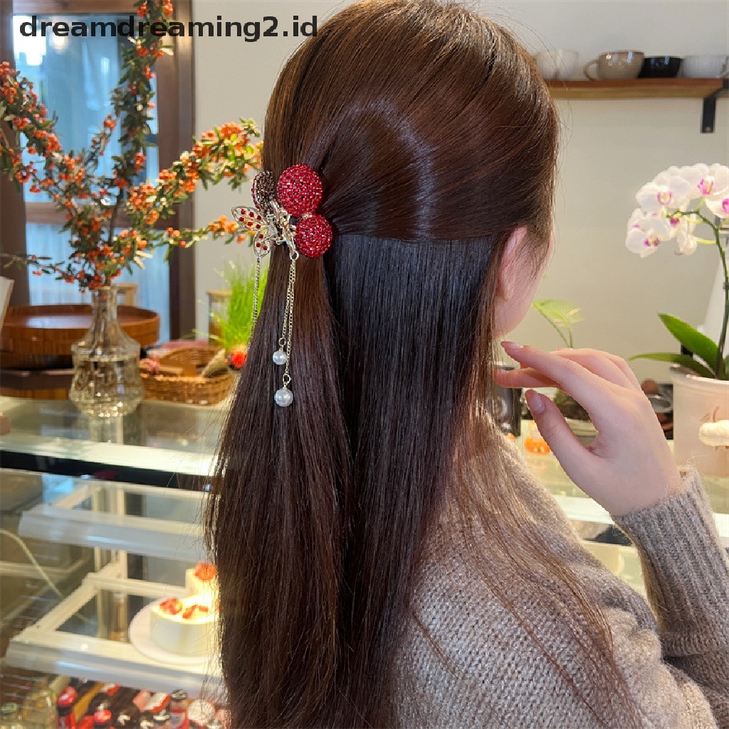 (hot) 1pc Cherry Rumbai Jepit Rambut Berlian Imitasi Hair Clip Woman Hair Claw Jewelry Aksesoris Rambut Peri Hiasan Kepala//