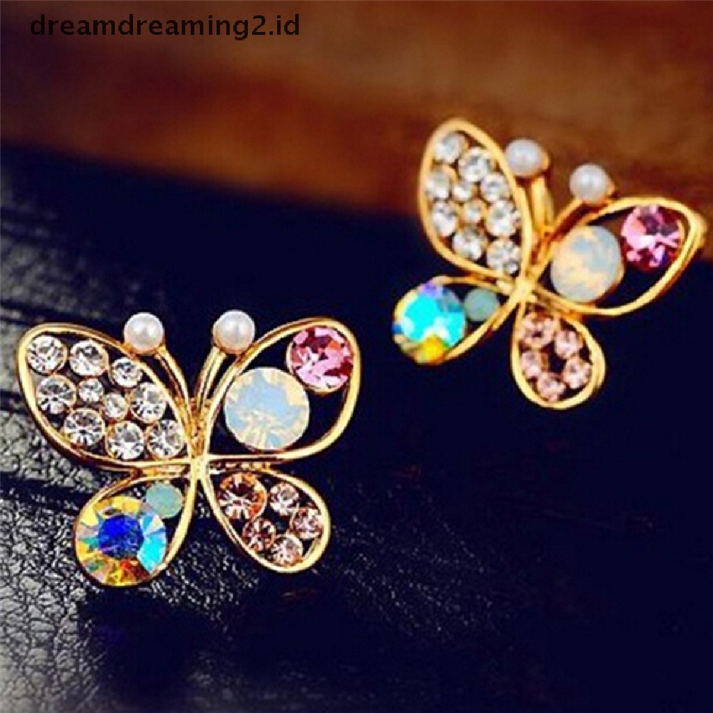 (hot) Ladies Chic Indah Kristal Berlian Imitasi Berongga Kupu-Kupu Ear Stud Earrings Hadiah//