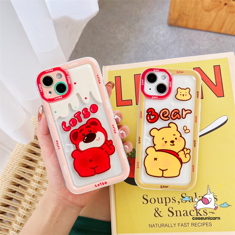 IPHONE Kartun Manyo Strawberry Bear Phone Case Kompatibel Untuk Iphone11 13 14 12 Pro Max 7Plus 7 6 8 6s Plus XR X XS Max SE 2020 Cute Winnie the Pooh Lembut Shockproof Pasangan Airbag Cover