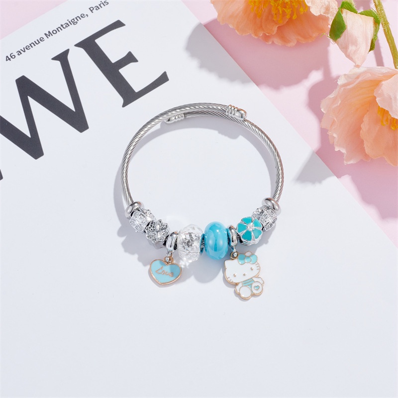 XiaoboACC Lovely Kartun Kucing Cinta Liontin Stainless Steel DIY Open Adjustable Charm Gelang