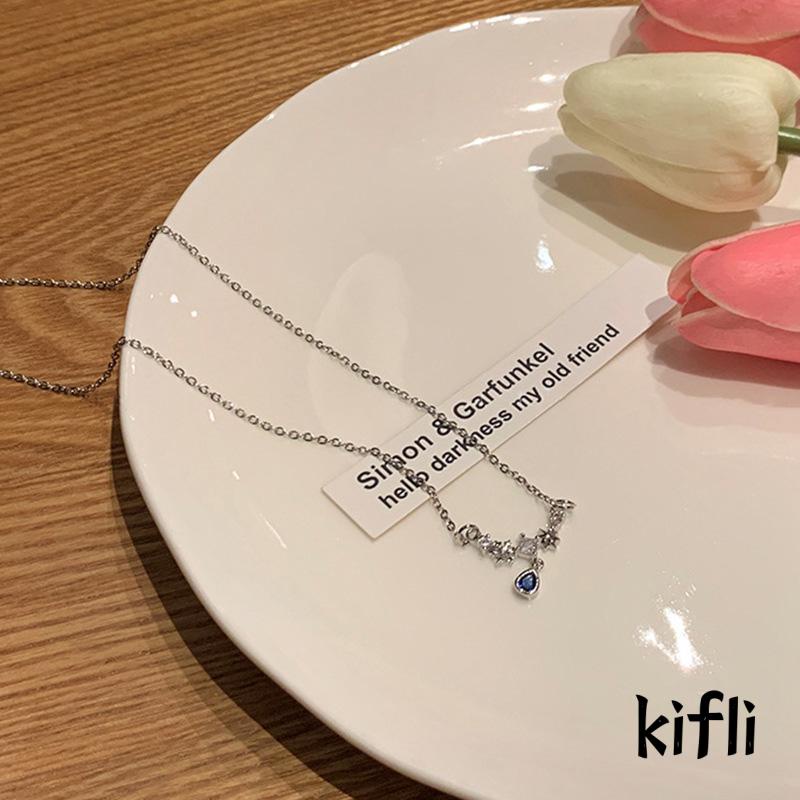 [KD] Blue Zircon Water Drop Kalung Wanita Ringan Mewah Manis Keren Temperamen Rasa Canggih
