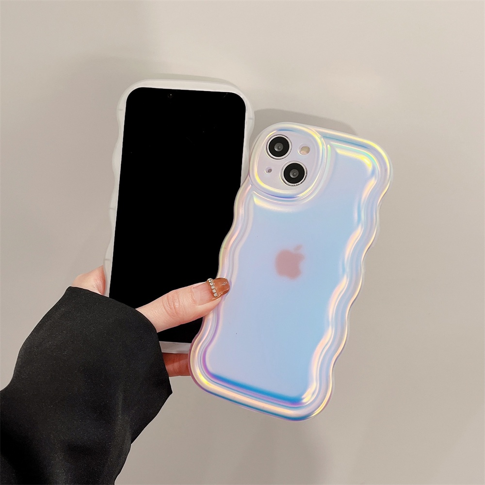 Mewah Gelombang Besar Laser Warna Solid Wave Pleat Phone Case Untuk Apple iPhone 14 Pro Max11 13 12 14 Plus Perlindungan Kembali Transparan Shockproof Cover