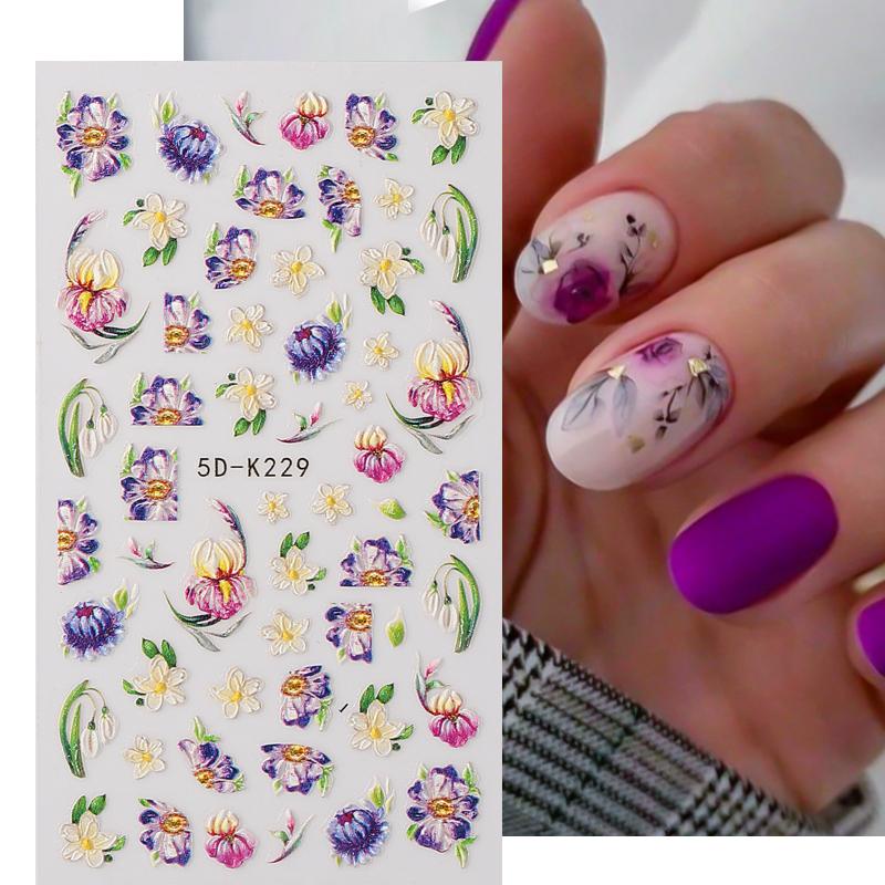 5d Timbul Bunga Nail Art Stiker Bunga Tulip Terukir Pernikahan Slider Garis Geometri Daun Kupu Kuku Decals