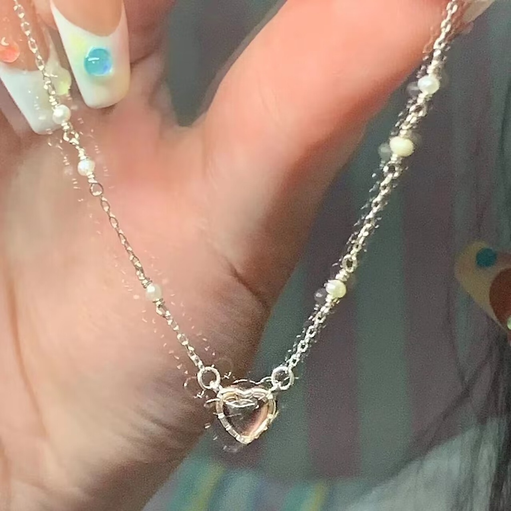 Ifyou Opal Kalung Liontin Hati Pink Kristal Mutiara Emas Rantai Choker Untuk Aksesoris Perhiasan Wanita