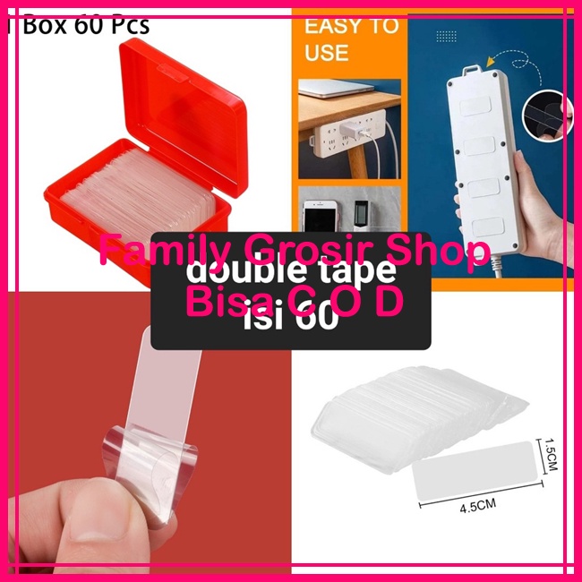 Isi 60pcs + box Double tape 1.5 cm x 4.5 cm lakban 2 sisi bening mini double tape mini