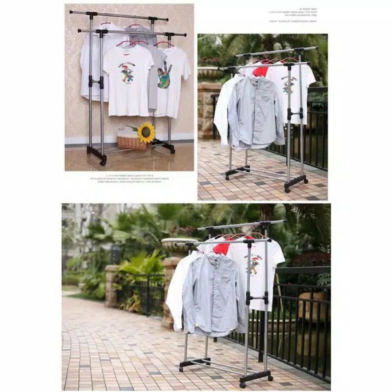 PROMO!!! [JR-05] JEMURAN BAJU DOUBLE POOL RAK BESI STAINLEES / JEMURAN PAKAIAN / STAND HANGER BESI STAINLEES
