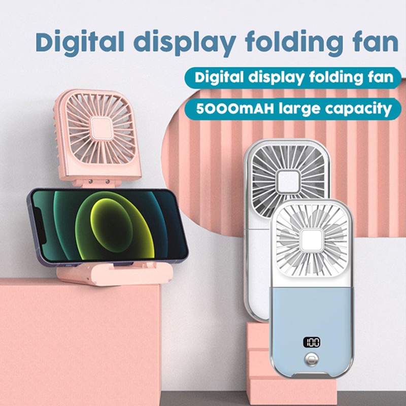 Kipas Angin Mini Fan Foldable Portable Neck Hanging Fan 5000mAh USB Adjustable Rechargeable Air Cooler Phone Holder