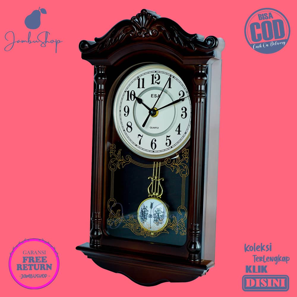 Jam Dinding Bagus Dekorasi Rumah Wall Clock Unik Murah ESA 06200 - coklat tua