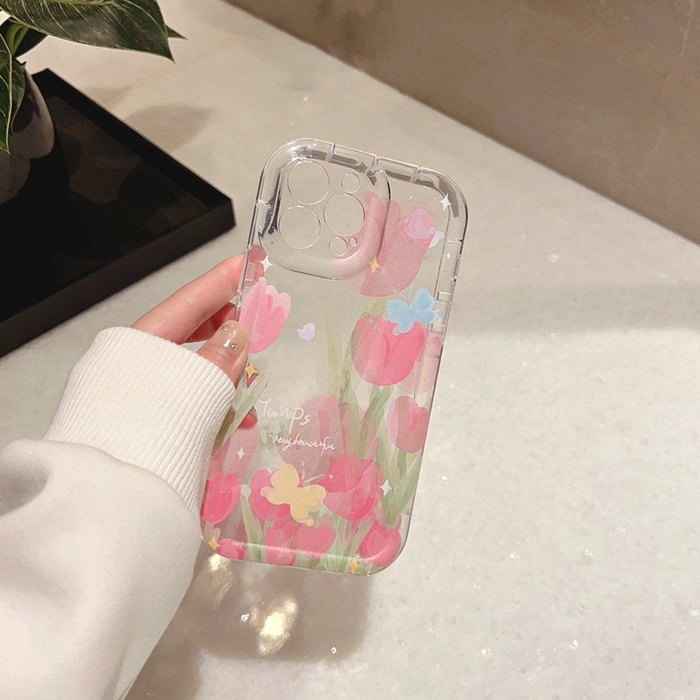 IPHONE Ins Pink Tulips Case Silikon Untuk Iphone14 11 12 13 PRO MAX Casing Cover Pelindung AT0143