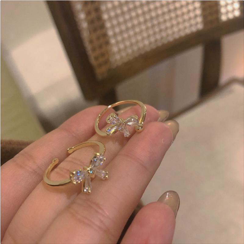 Open design sparkling diamond zircon butterfly gold ring lady korean