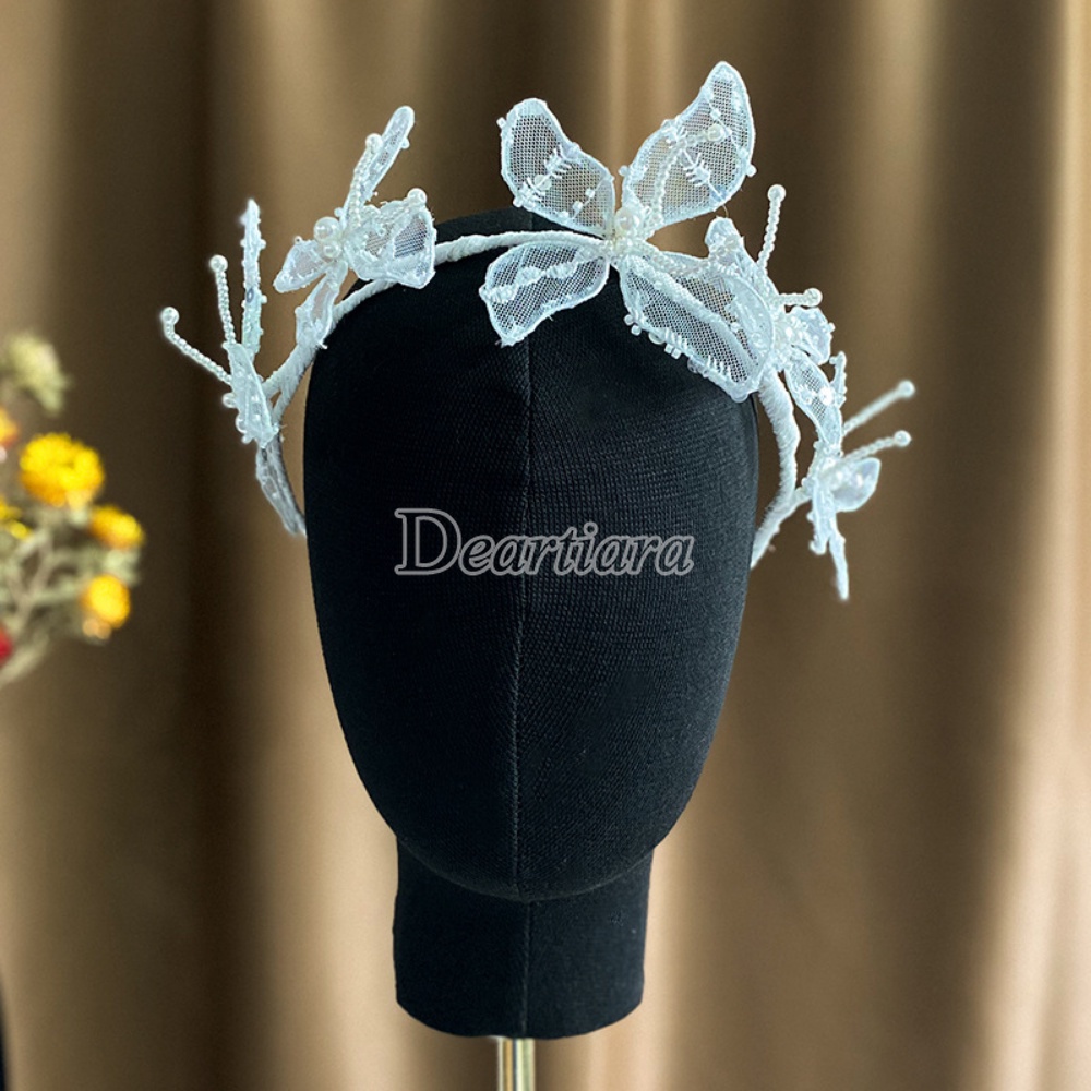 Fashion Mesh Kupu-Kupu Rambut Band Handmade Manik-Manik Renda Rambut Band Mutiara Ikat Kepala Pengantin Headband Pernikahan Aksesoris