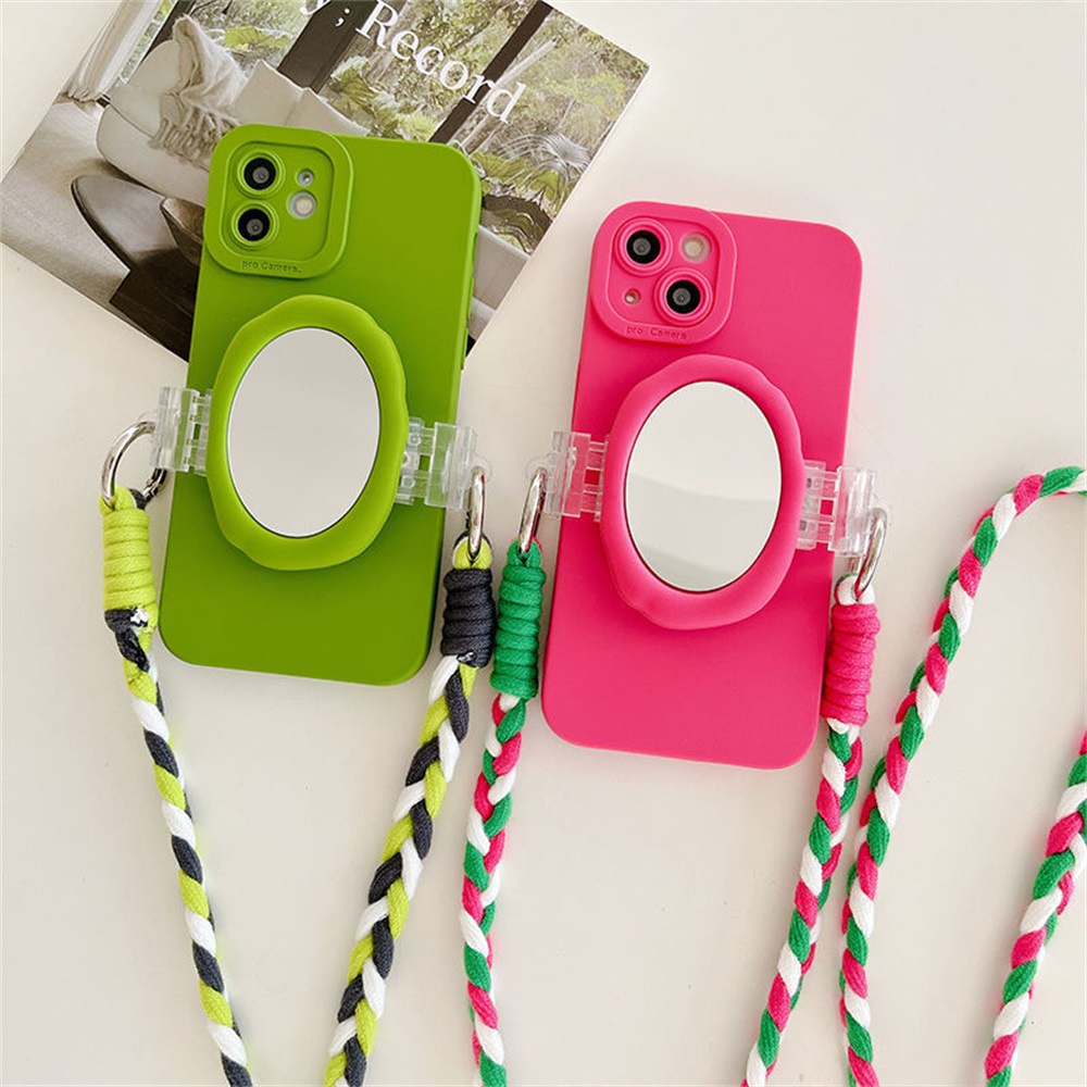 Merah Hijau Oval Cermin Telepon Klip Belakang Tali Warna-Warni Anyaman Telepon Kembali Lanyard Phone Case Dekorasi Strap Portable Anti Rontok Universal