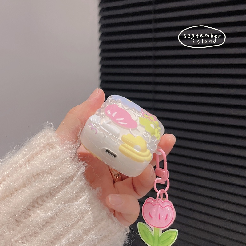 Korea Segar Bunga Pelindung Case Kompatibel Untuk Airpods1Per2Per3 Lucu Bergelombang Pinggiran Penutup Untuk AirPods Pro2 Bluetooth Earphone Case Keyring