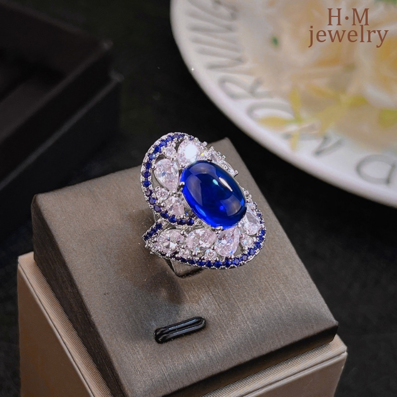 S925 Perak Rasa Laut Blue Vortex Cincin Bertatahkan Berlian Biru Berwarna Permata Ornamen