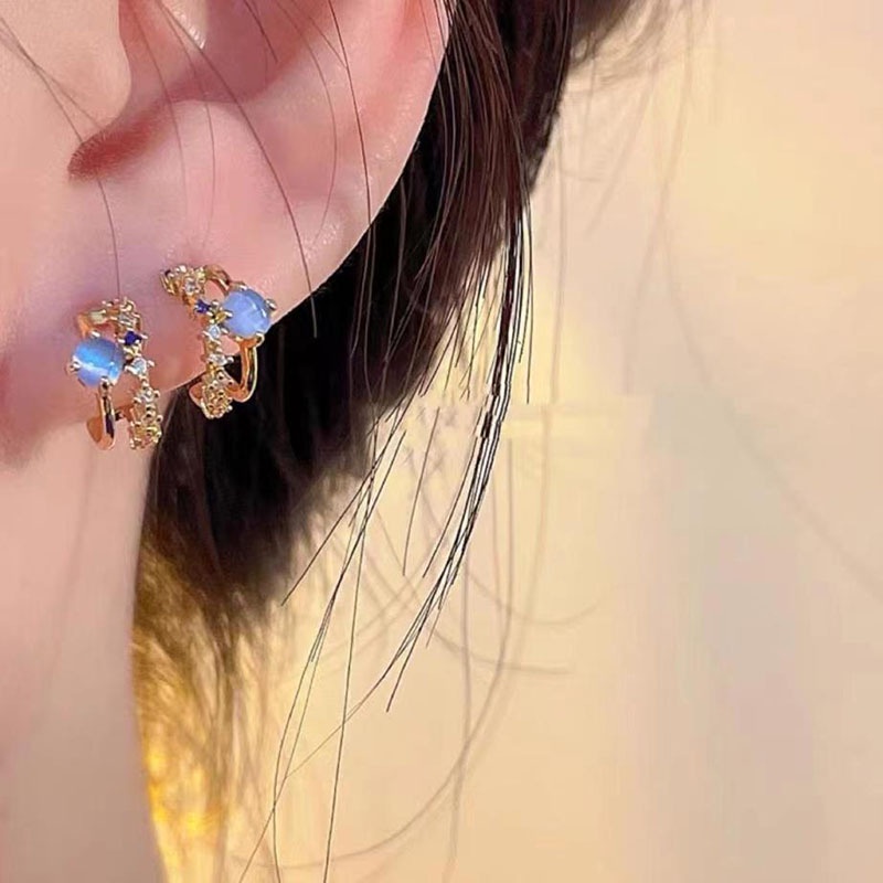 Korea Gaya Vintage Elegan Mata Kucing Batu Zirkon Wanita Fashion Perhiasan Emas Titanium Steel Stud Earrings