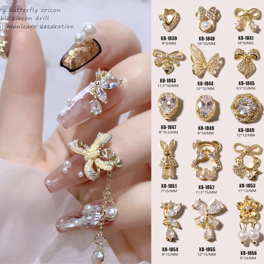 Agustina Kuku Berlian Imitasi 3D DIY Charms Mutiara Kupu-Kupu Berlian Zirkon Logam Liontin Rantai