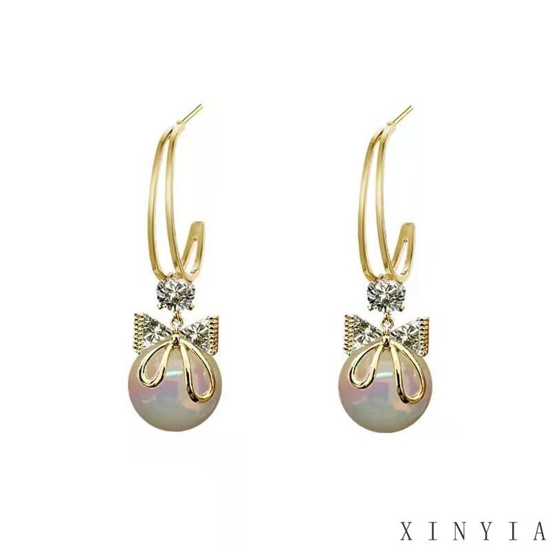 【Bayar di tempat】Chink Bow Pearl Earrings Anting Mutiara Perempuan Dasi Kupu Sederhana Bentuk