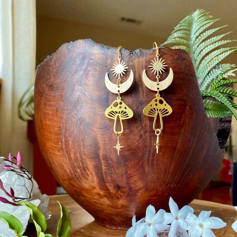Bohemian Fashion Ear Hook Anting Bintang Bulan Kombinasi Berongga Motif Jamur Pernikahan Liburan Natal Paduan Netral Ornamen