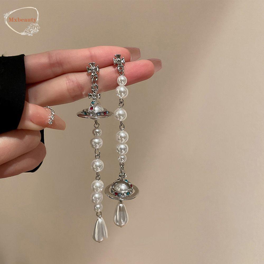 Mxbeauty Saturnus Cross Drop Anting Kepribadian Lady Baroque Mutiara Pesta Fashion Desain Alloy Temperamen Anting Gaya Korea