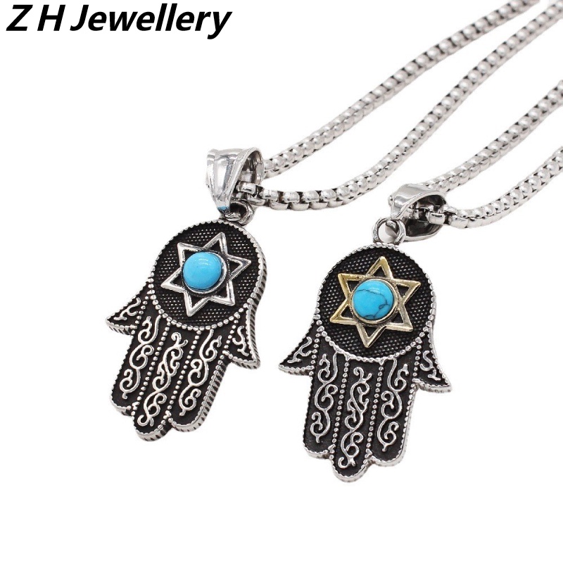 [Z H Jewelry] Vintage Fatima Beruntung Palm Mata Setan Liontin Pria Dan Wanita Fashion Anti Karat Kalung Liontin Hip Hop Pesta Baja Titanium Perhiasan Aksesoris