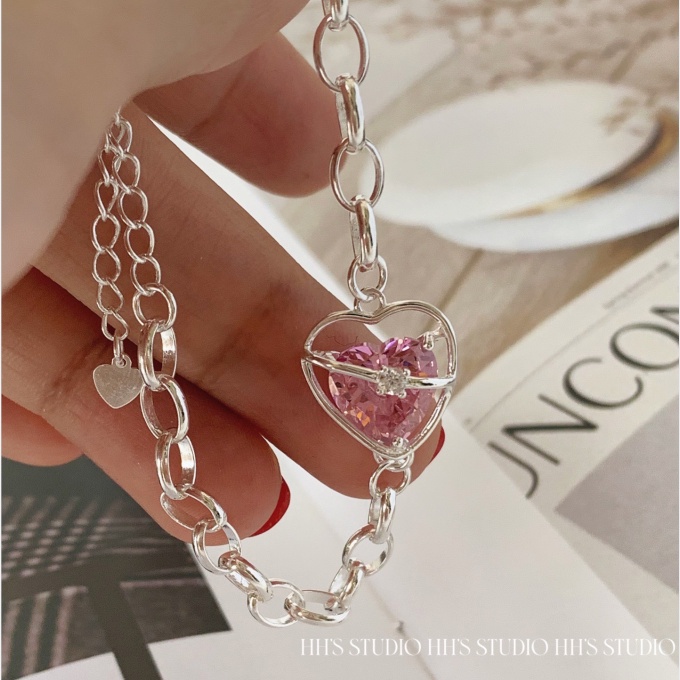 Sweet Pink Zircon Bracelet Heart Gelang Rantai Silver Untuk Aksesoris Perhiasan Wanita