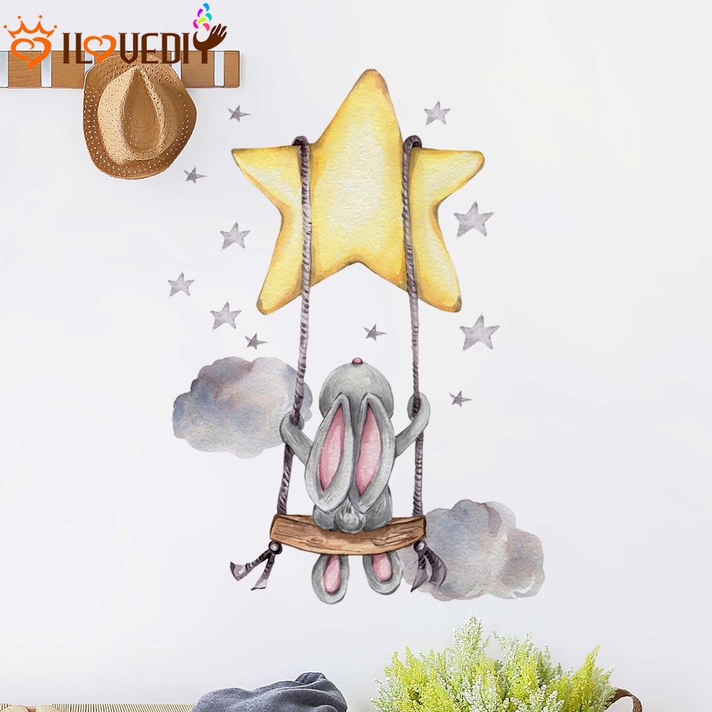 Tahan Air Tahan Debu Wallpaper Self Adhesive 3D Indoor Stiker Dinding Swing Pola Kelinci Wall Aplikasi Latar Belakang TV Art Decal Aksesoris Dekorasi Kamar Anak