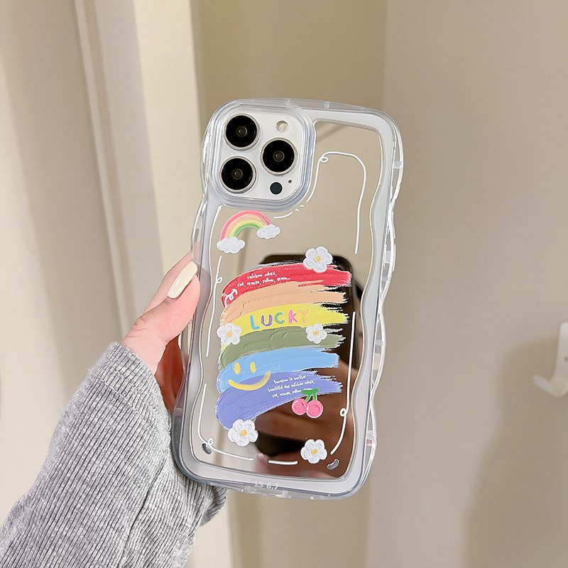 【Shock Proof Mirror】Wave Silicone Soft Case Iphone 6S 7 8 Plus X XR XS Max IPhone 11 12 13 14 Pro Max 14 Plus 7+ 8+ 12 13 mini for Women Girl Ins Rainbow Smile